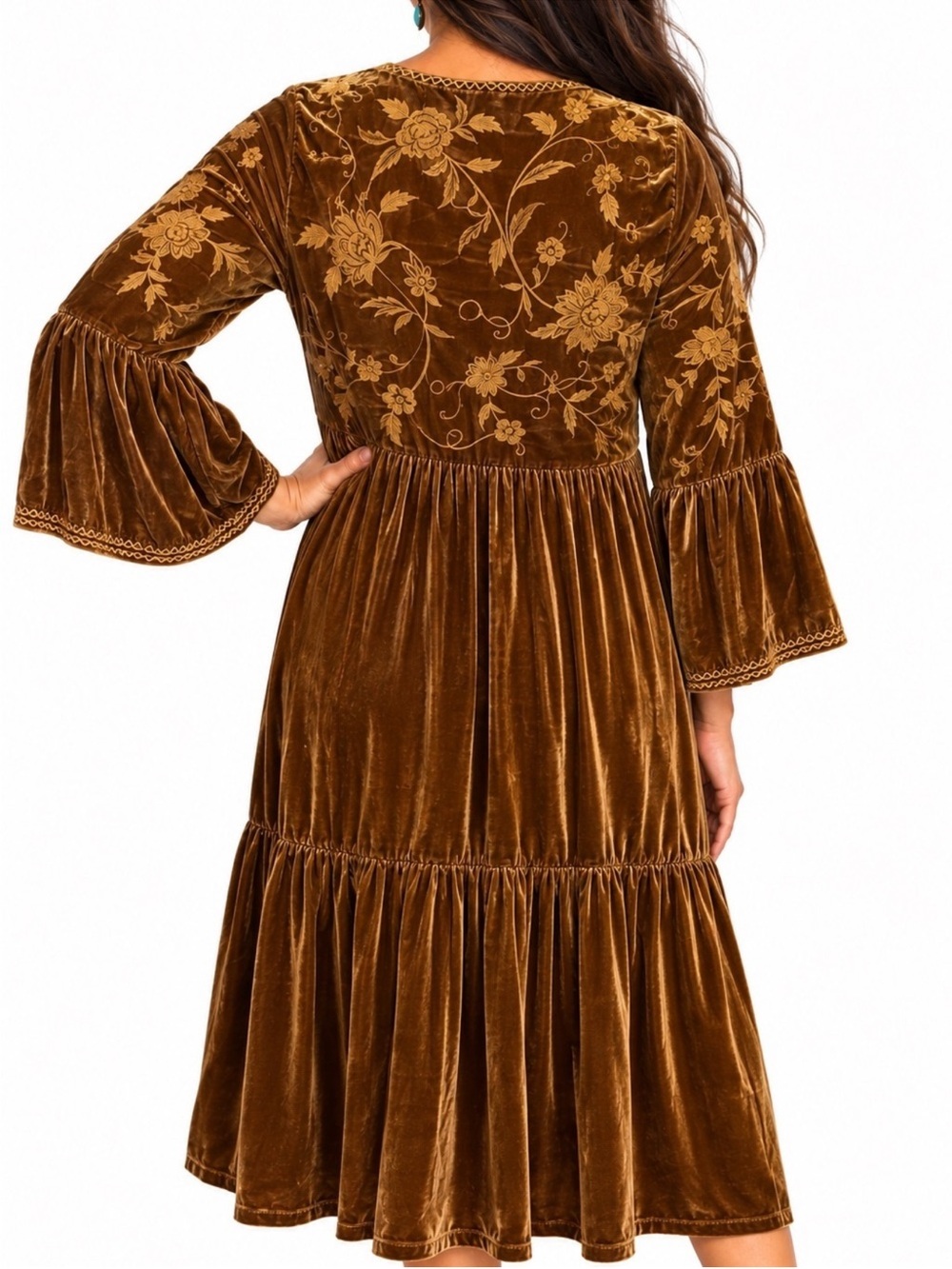 Johnny Was Brown Velvet Floral Embroidered Bell-Sleeve Midi Dress M
